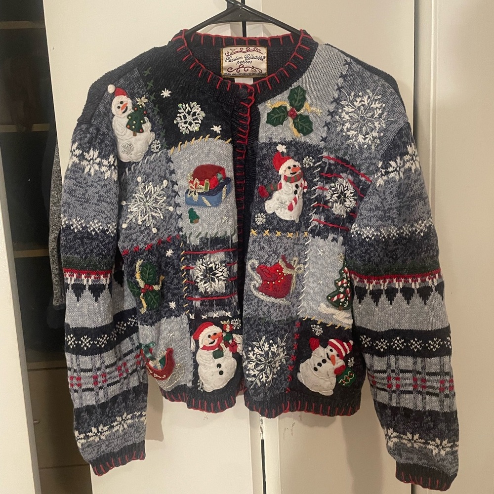 Bobbie Brooks Blue and Gray Snowman Cardigan